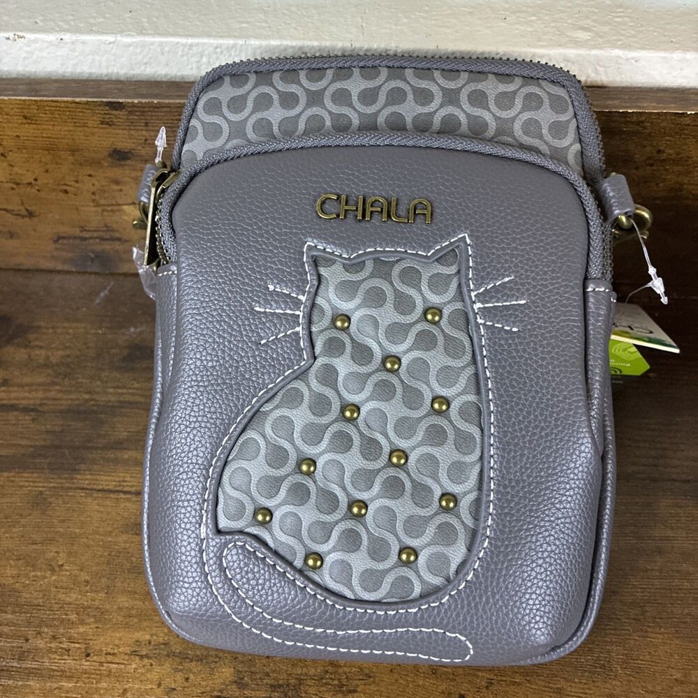 NWT CHALA GRAY STRIPE TABBY CAT KITTEN CELL PHONE CROSSBODY PURSE GRAY
